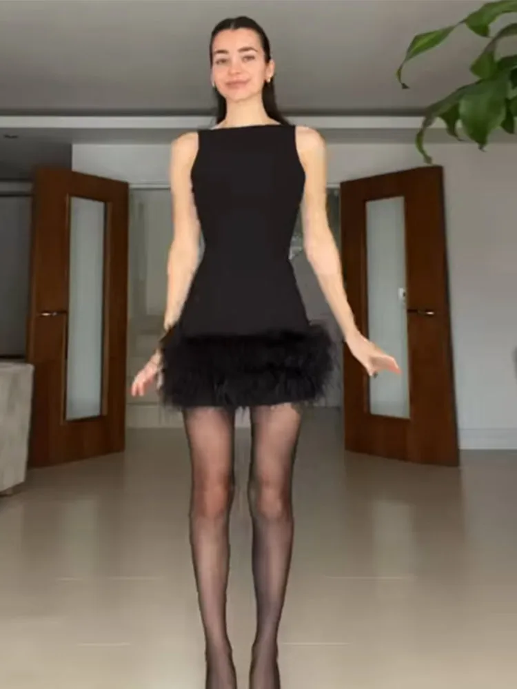 Elegante vestido de pele preta sem mangas feminino fino retalhos cintura alta vestidos retos moda sem costas o pescoço sólido robe