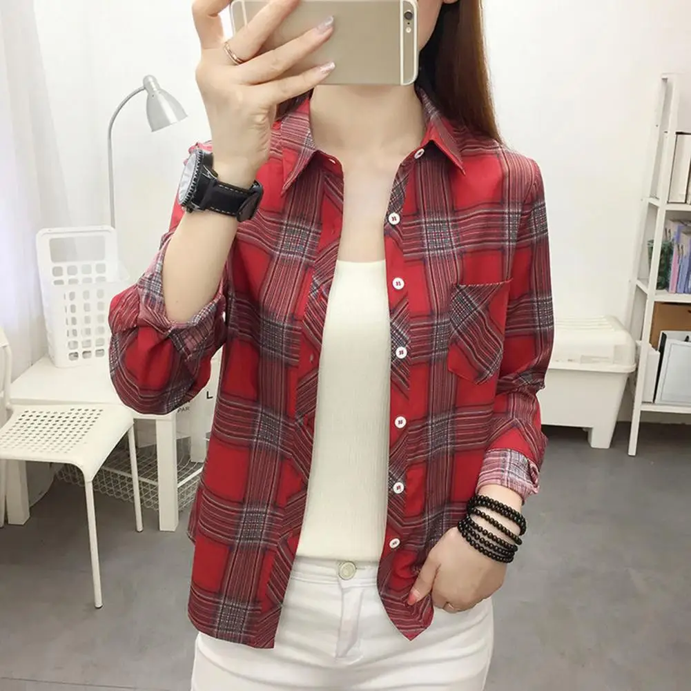 Women Shirt Lapel Long Sleeve Single Breasted Shirt Tops Patch Pockets Plaid Print Blouse Casual Style Shirt Coat 체크 블라우스