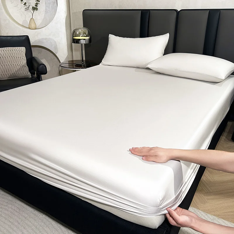 

1pc Simple Modern White Color Fitted Sheet, Lyocell Satin Silky Bedspread For Bedroom, Bedding (No Pillowcase) twin full Queen