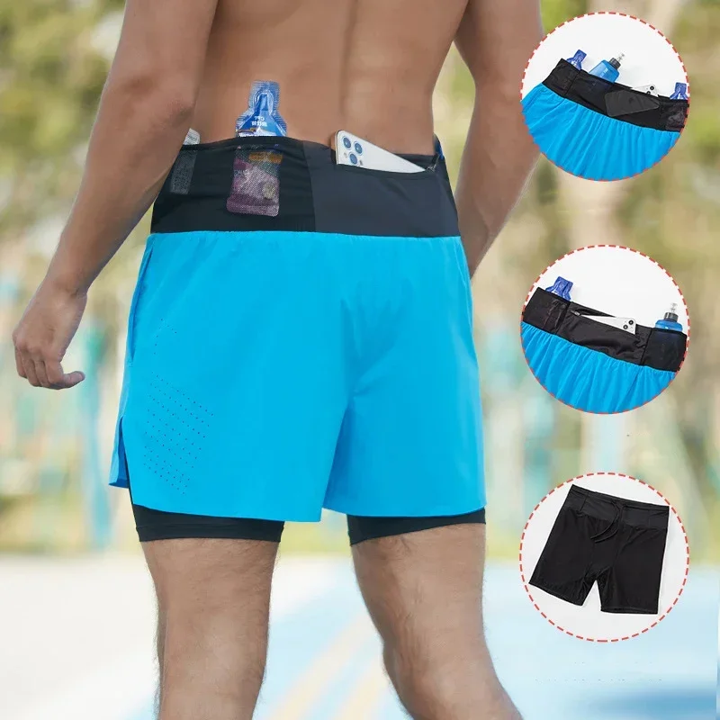 (S-2XL) شورت رياضي ماراثون للرجال يسمح بالتهوية وسريع الجفاف ومضاد للغضب بطبقة مزدوجة مع بطانة داخلية مع جيب كامل