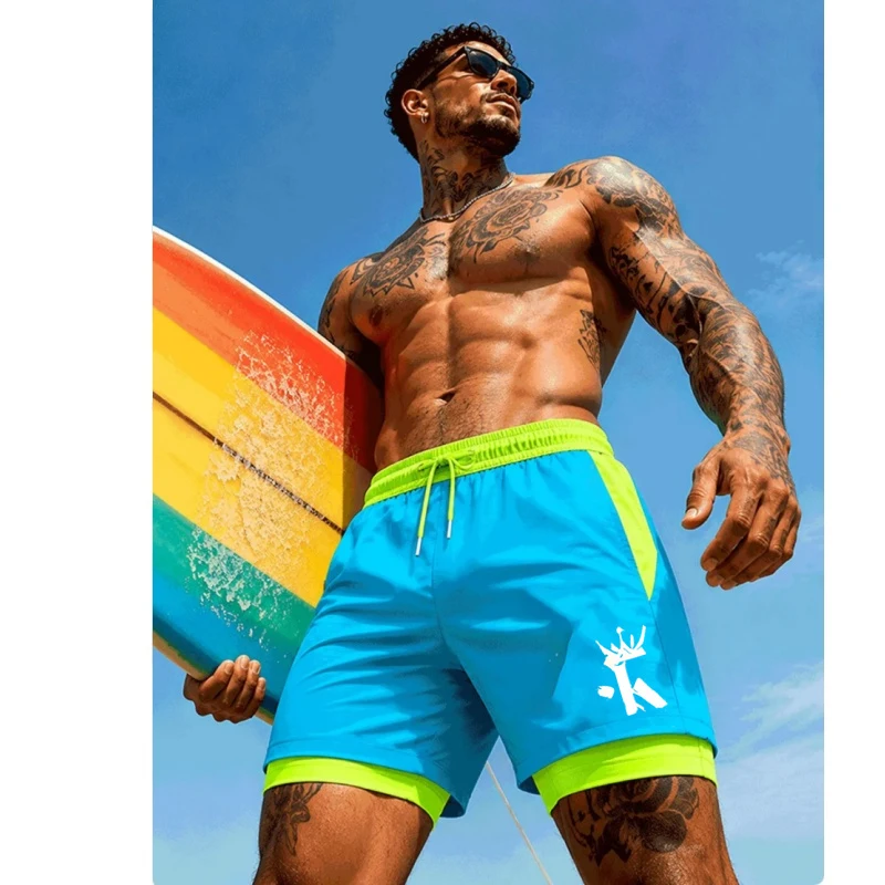 Men'S Two-In-One Double Swimming Trunks With Crown Pattern Quick Dry Surfing Beach Fitness Short Pants With Elastic Drawstring