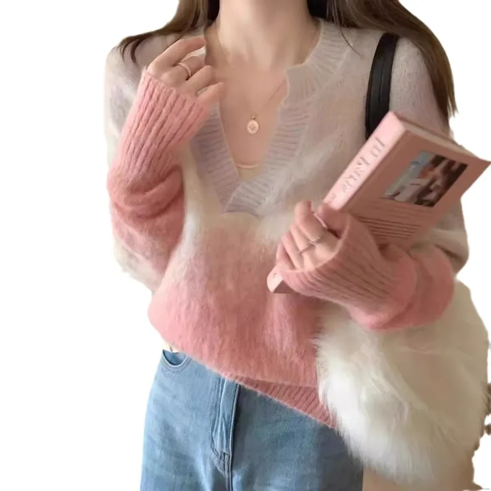 

Pink Gradient Soft Cozy V-Neck Women's Knitwear Autumn Winter Lazy Design External Wear Sweater Fairy Tale Style
