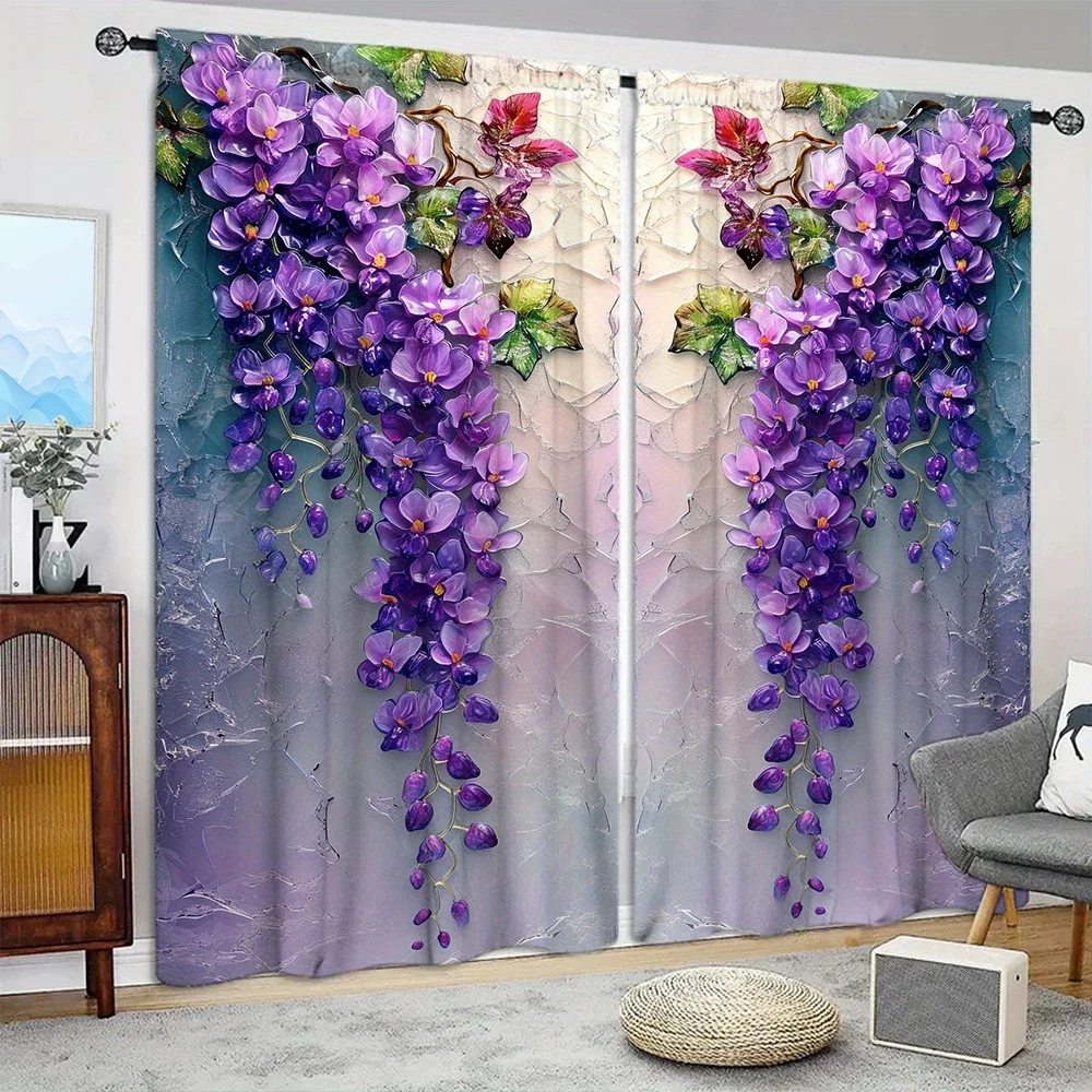 2pcs Glass Flower Printed Curtain for Home Decor - Rod Pocket Window Treatment for Bedroom,Office,Kitchen,Living Room,and Study