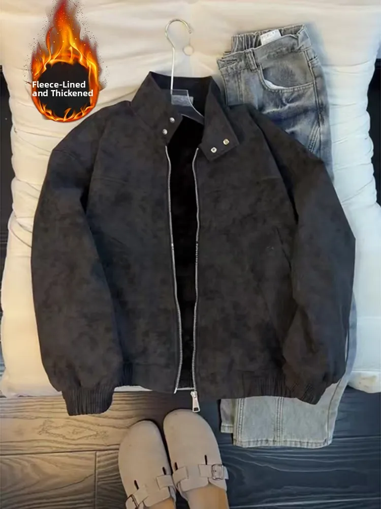 

Thiened Bla Mat Dyed Leather Jaet Men's Winter Lamb Velvet Boxy Cotton Jaet High-End Feelings Waistcoat Outerwear