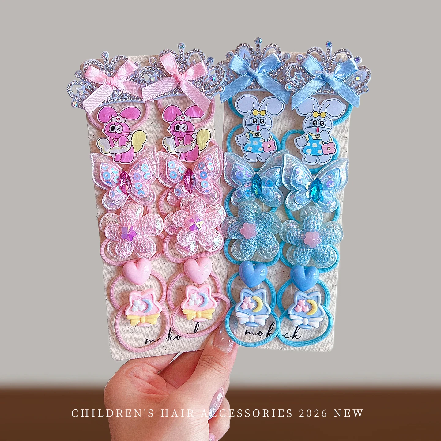New Fashion 10pcs/set Pink Blue Mini Hair Ties Cartoon Bunny Rhinestone Crown Sequin Butterfly Heart Elastic Hair Band For Girls