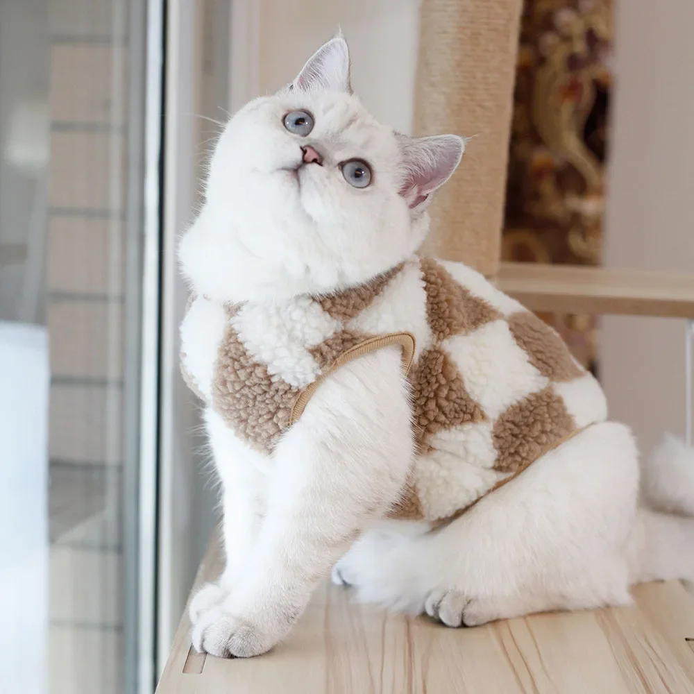 Fashionable Plaid Fleece Cat Clothes Cat Coat Jack Cute Bear Vest for Kitten Small Dogs Clothing Pet Outfits Winter Cat Costume