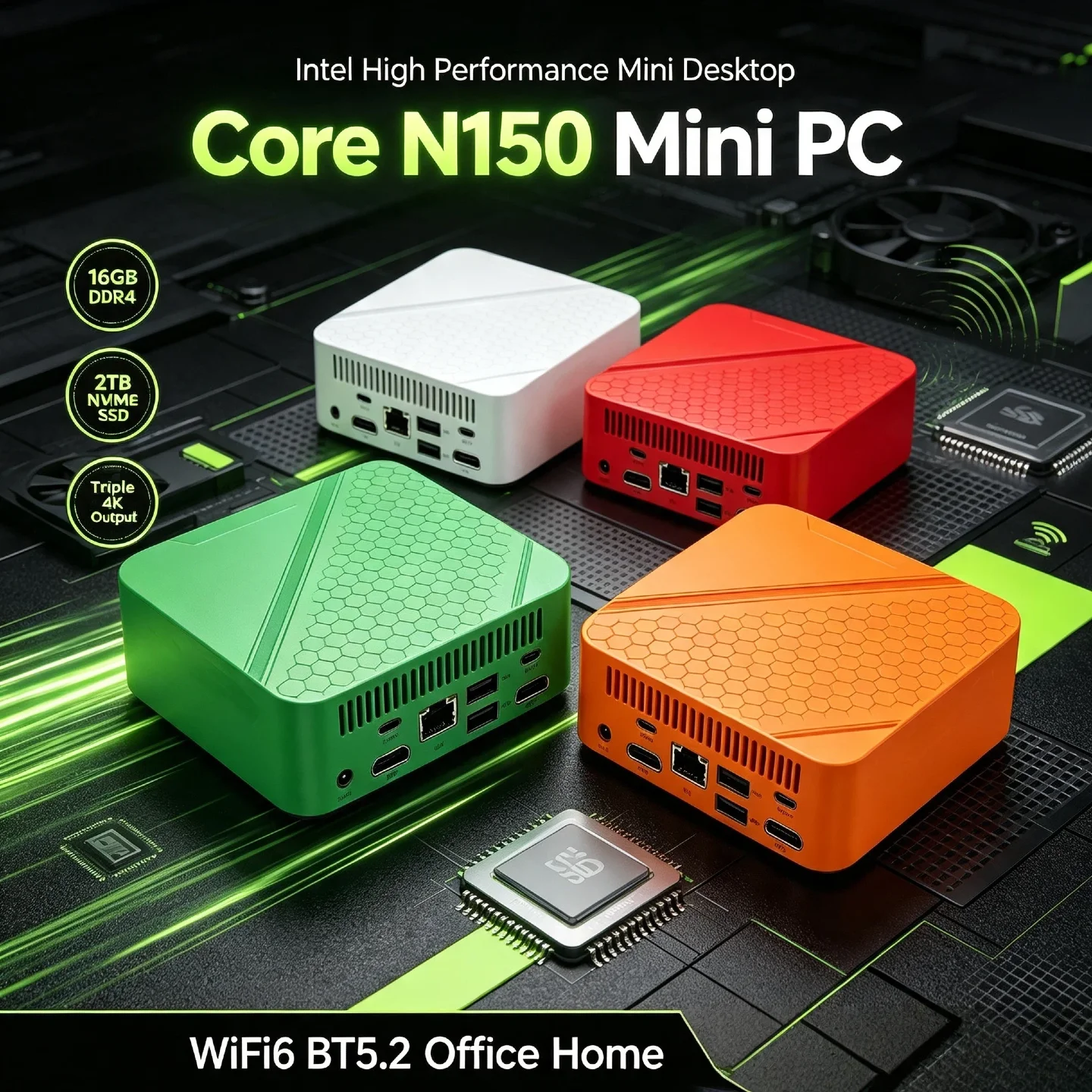 Mini Desktop Intel Core N150 16GB DDR4 2TB NVMe SSD Triple 4K Output WiFi6 BT5.2 High Performance Office Home Pro Student