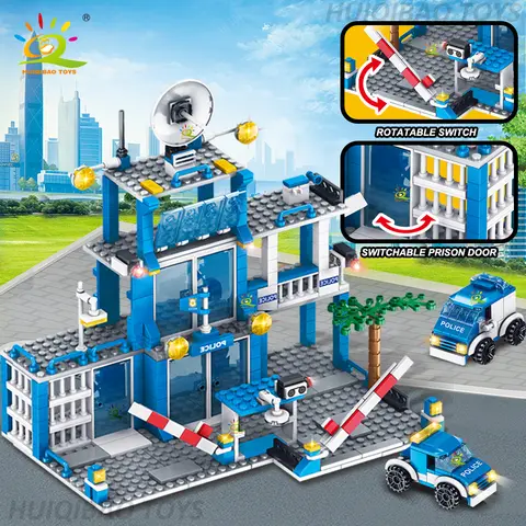 HUIQIBAO City Police Fire Station Building Blocks Set Boys DIY Car Fire Engine Figures Bricks Educational Toys for Children Gift