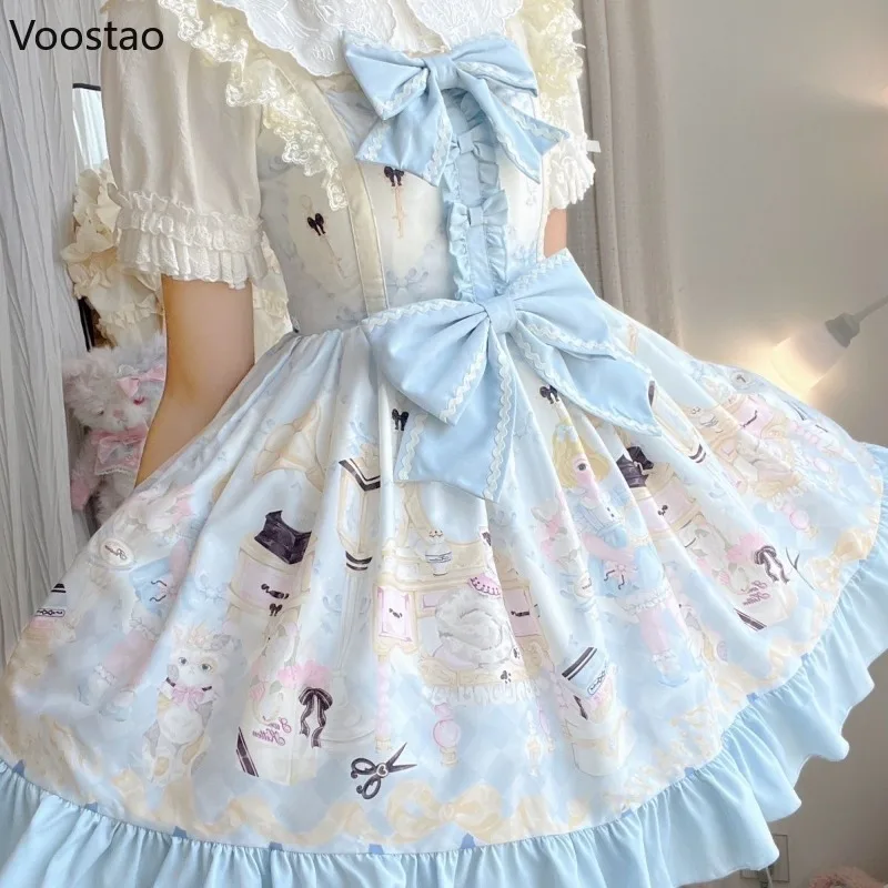 

Japanese Kawaii Lolita Princess Jsk Dress Women Sweet Cute Bow Cartoon Print Lace Strap Dress Y2k Girls Tea Party Mini Dresses