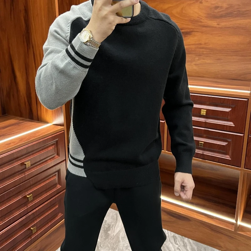 

Korean Fashion Autumn Winter Sweaters Men's O-Neck Contrast Color Patchwork Youth Casual Long SleevePullovers Loose Knitted Tops