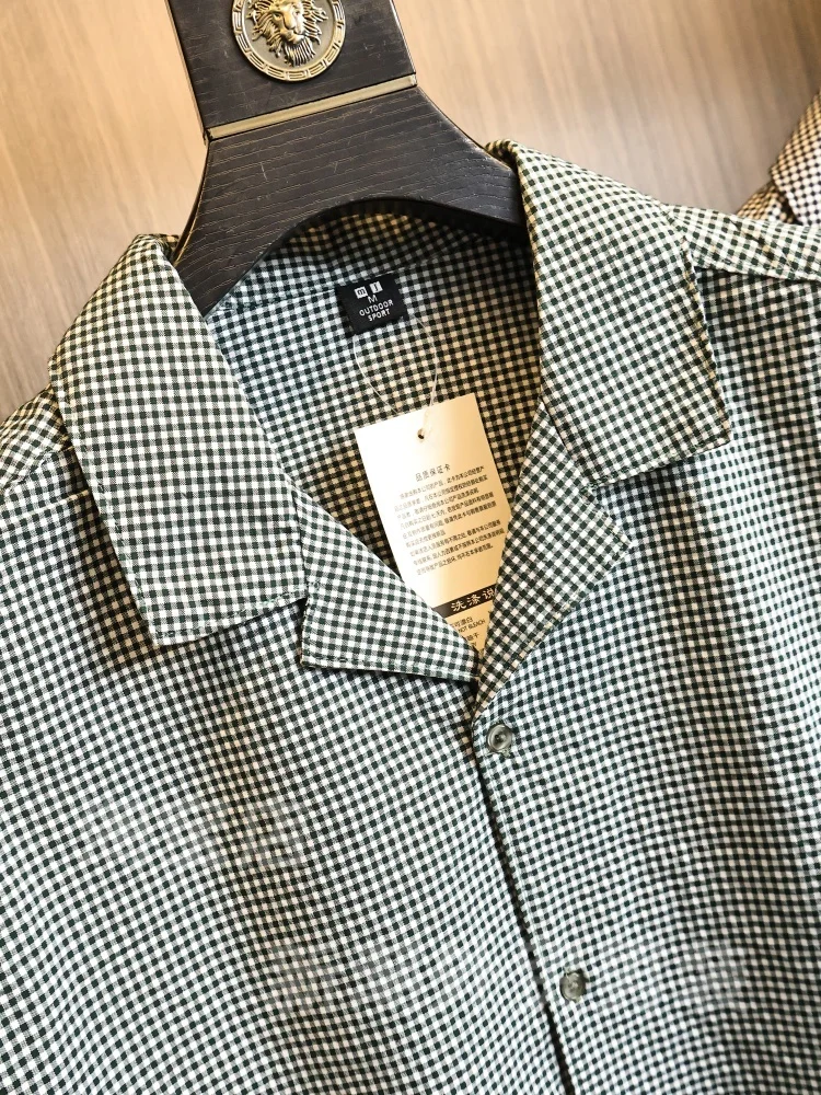 Retro Gingham Pattern Men's Loose Fit Short Sleeve Cuban Collar Shirt Summer Anti-Wrinkle Draping Fashionable Urban Style