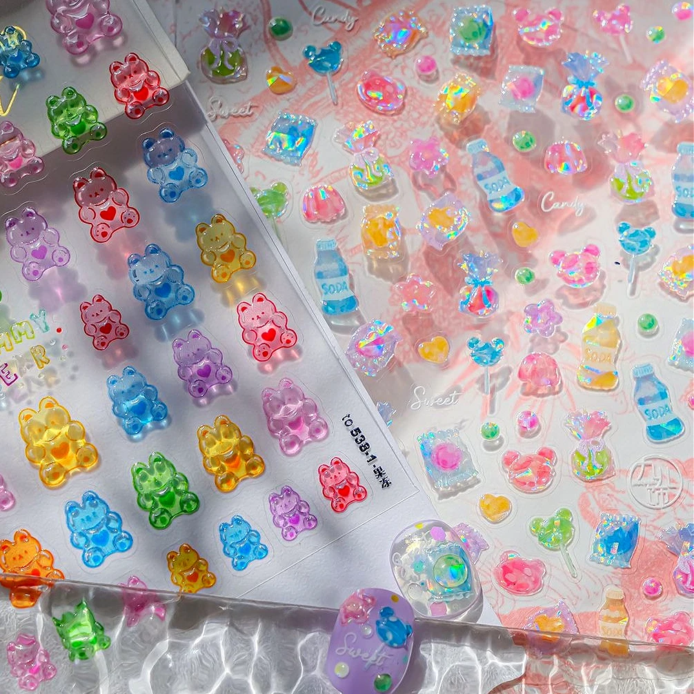 

Gummy Bear Colourful Snack Lollipop Candy Bonbon Rabbit Soda Water Sugar Paper Pudding Lovely Nail Art Stickers Manicure Decals