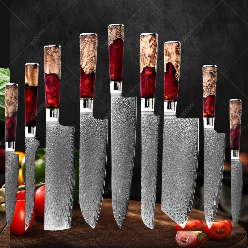 Damascus Steel 1-9pcs Household Kitchen Knife Stainless Steel Butcher Slicing Knife Fruit Knife High Quality Kitchen Tools