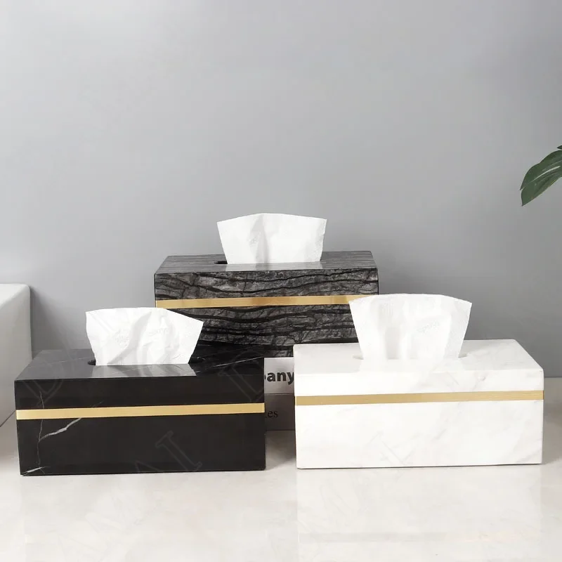 Natural Marble Tissue Box Golden Stroke Bathroom Paper Boxes Western Restaurant Desktop Napkin Organizer Home Decoration Modern