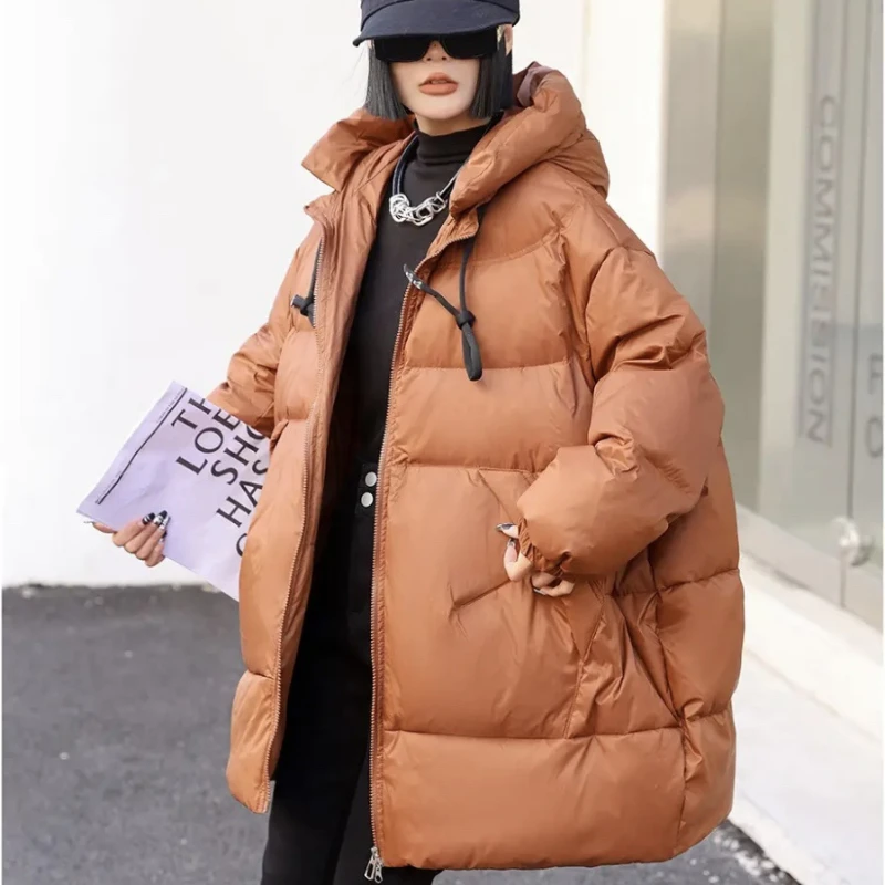 Solid Coats Down Mid-length Women Jacket Thickened Windproof Down Jackets Casual Loose Fashion Parka Hooded Winter Coat Female