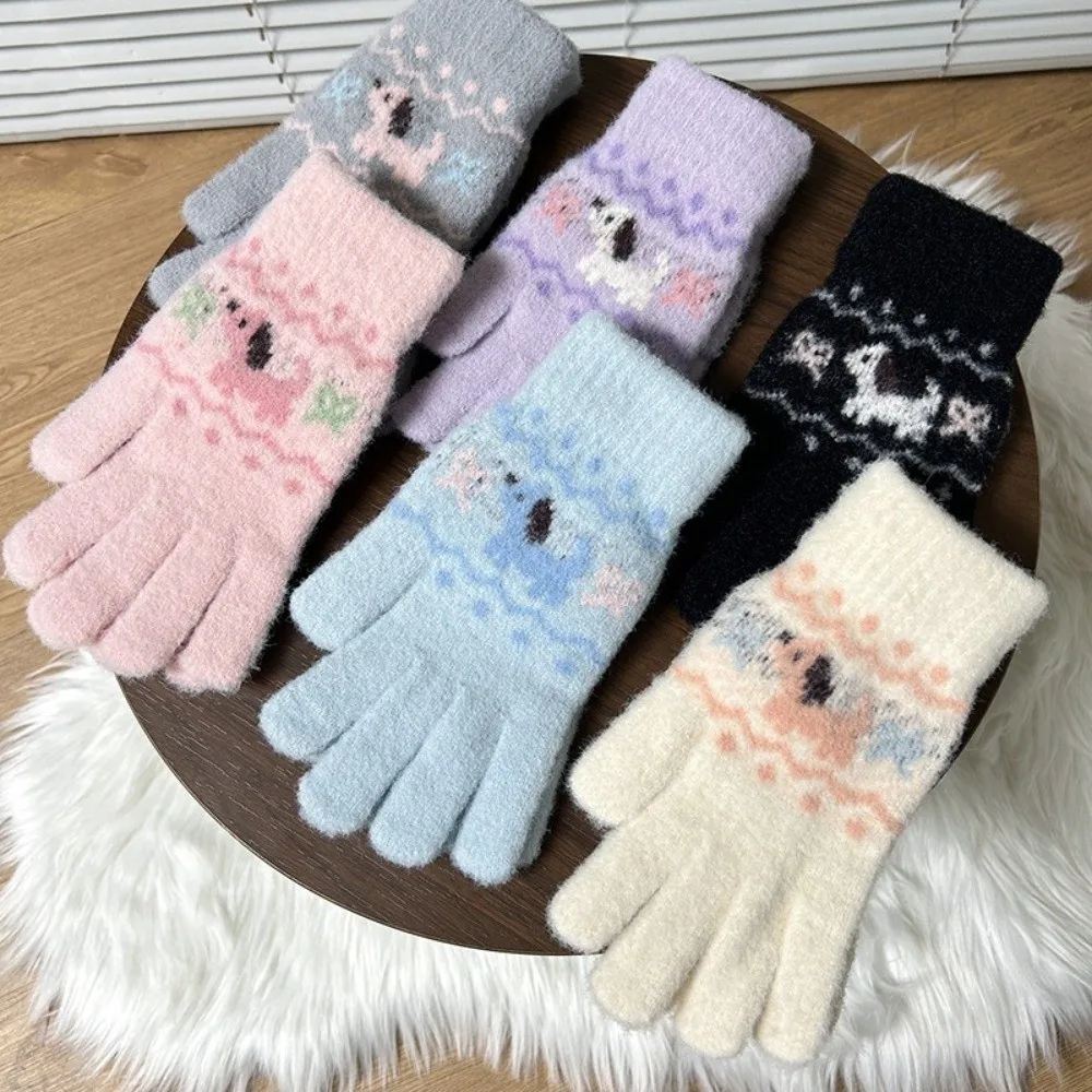 Polyester Dog Pattern Jacquard Knitted Gloves Warm Lining 21x8CM Winter Windproof Gloves Outdoor Cycling Gloves For Women