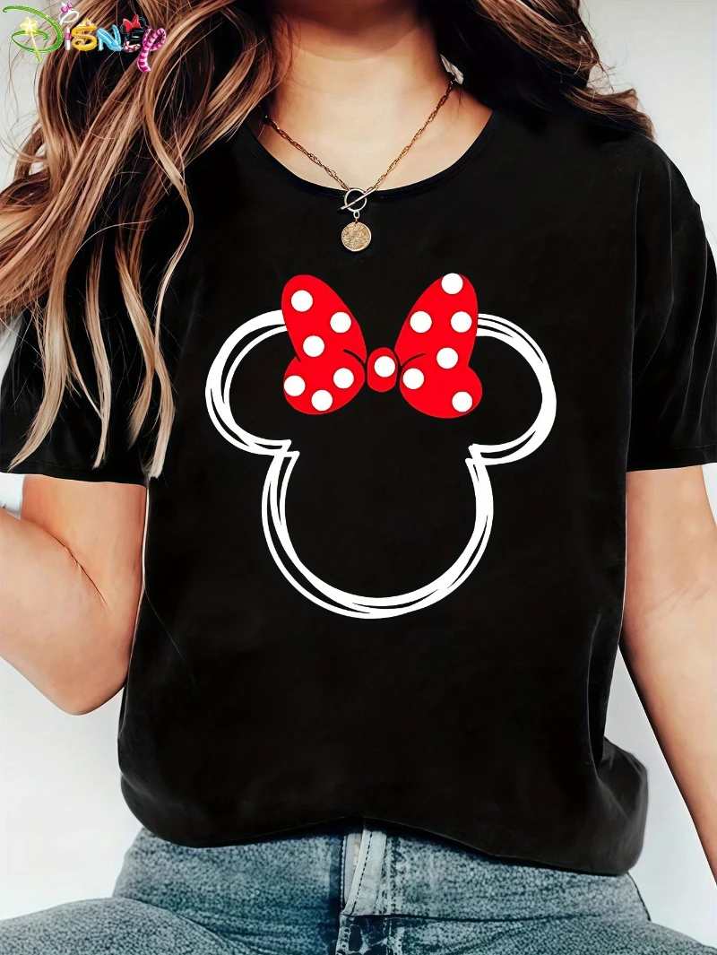 Camiseta feminina Disney Minnie Mouse – Top oficial de algodão com estampa de laço vermelho e confortável de manga curta com design macio de gola redonda