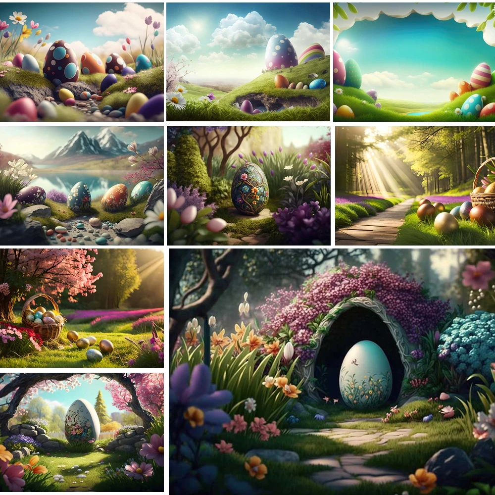 

MOON.QG Easter Secret Egg Landscape Backdrop Mountain Lake Flower Backgrounds For Photographs Kids Poster Accessories Photoshoot