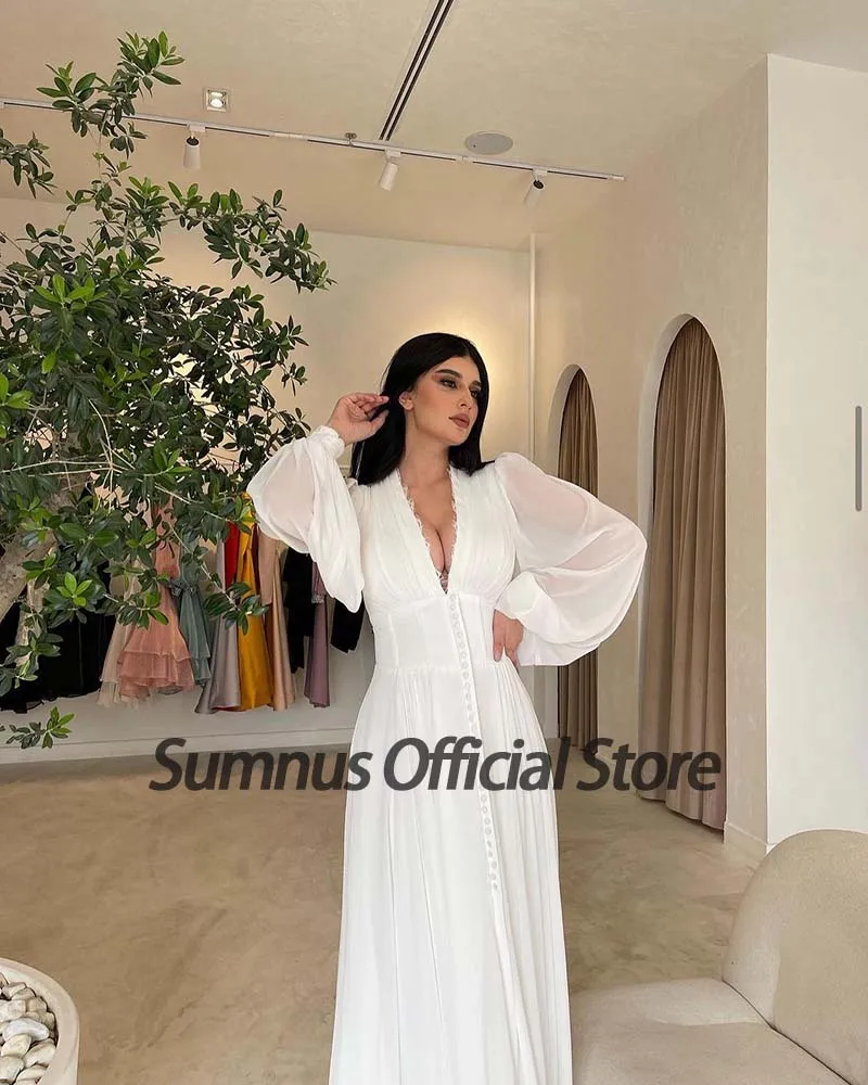 Sumnus Saudi Arabic Wedding Dress Long Sleeve Deep V Neck Bride Dresses Plus Size Button Side Slit Dubai Party Wedding Gowns