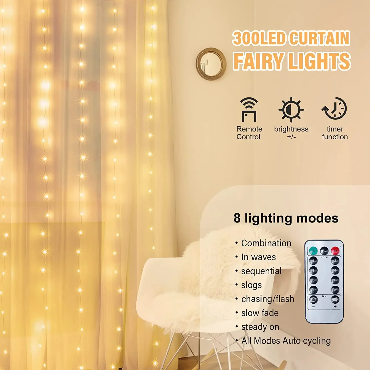 Guirxiété lumineuse LED avec crochet, rideau nickel é, festival, décoration de Noël, vacances, mariage, maison, chambre, 3m