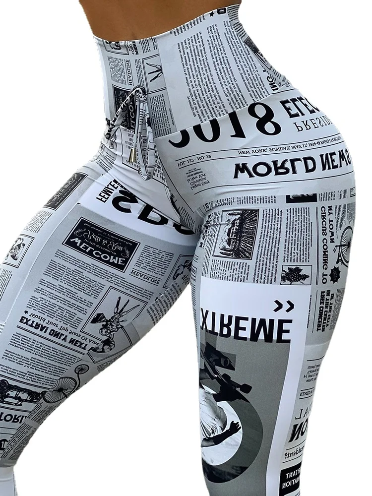 2024 Summer Workout Leggings Black White High street Newspaper Letter Print Streetwear Legging Fitness Women Sexy Casual Trouser