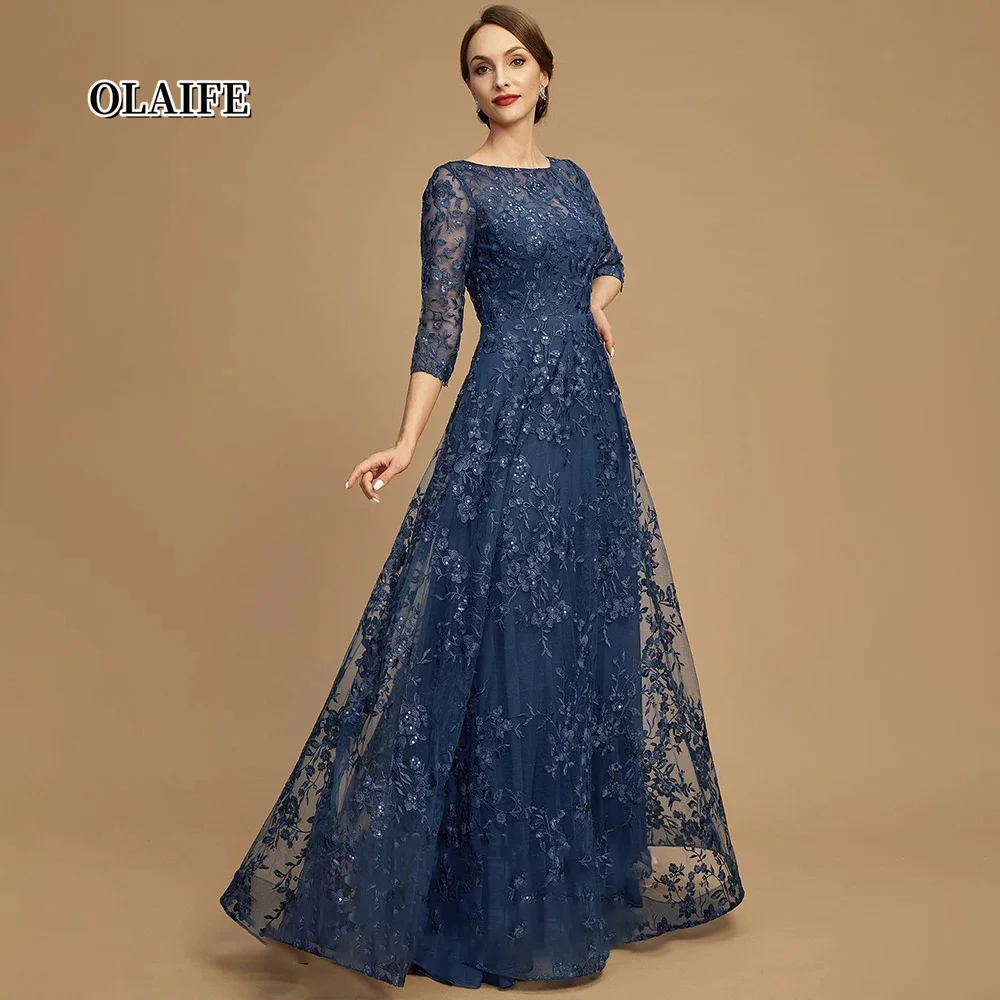 New A-line Scoop Neck Elegant And Pretty Women's Dresses Lace Sequins Mother of the Bride for Wedding Party Dresses Vestido