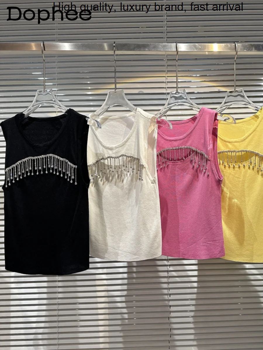 

Summer Sweet 2023 Colorful Tassel Rhinestone Vest Female Sexy Hollow Out Hot Girl Slim Spaghetti Straps Camis Outerwear Crop Top