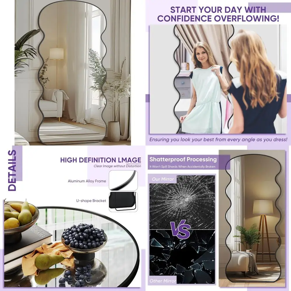 

Freestanding Full Body Mirror, 71x28 Wavy Floor Mirror with Stand for Bedroom, Ideal for Hanging Mounts and Home Decor