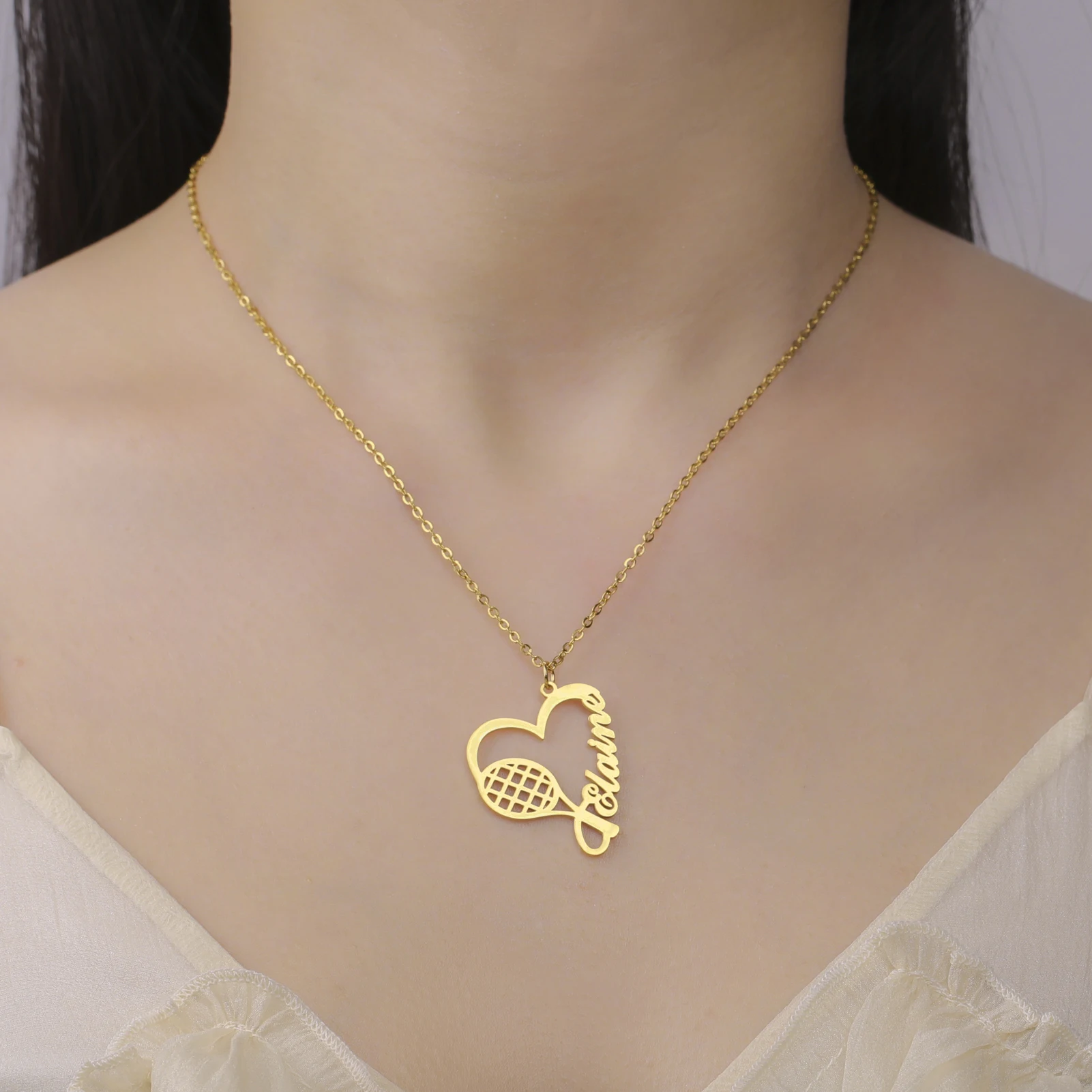 Lemegeton مخصص الحب مضرب التنس اسم قلادة مجوهرات من صلب لا يصدأ الرياضة شخصية قلادة هدايا عيد الحب #4