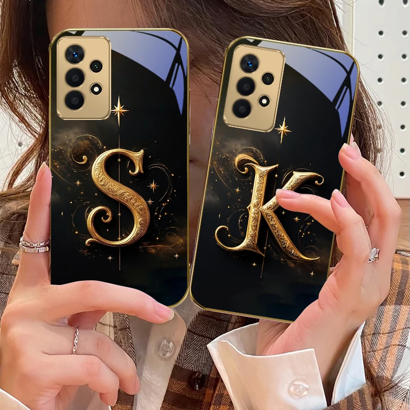

Magical letters "K S A" For Samsung A73 A72 A71 A42 A56 A55 A54 A53 A52s A52 A51 A36 A35 A34 A33 A32 A16 Golden glass phone case