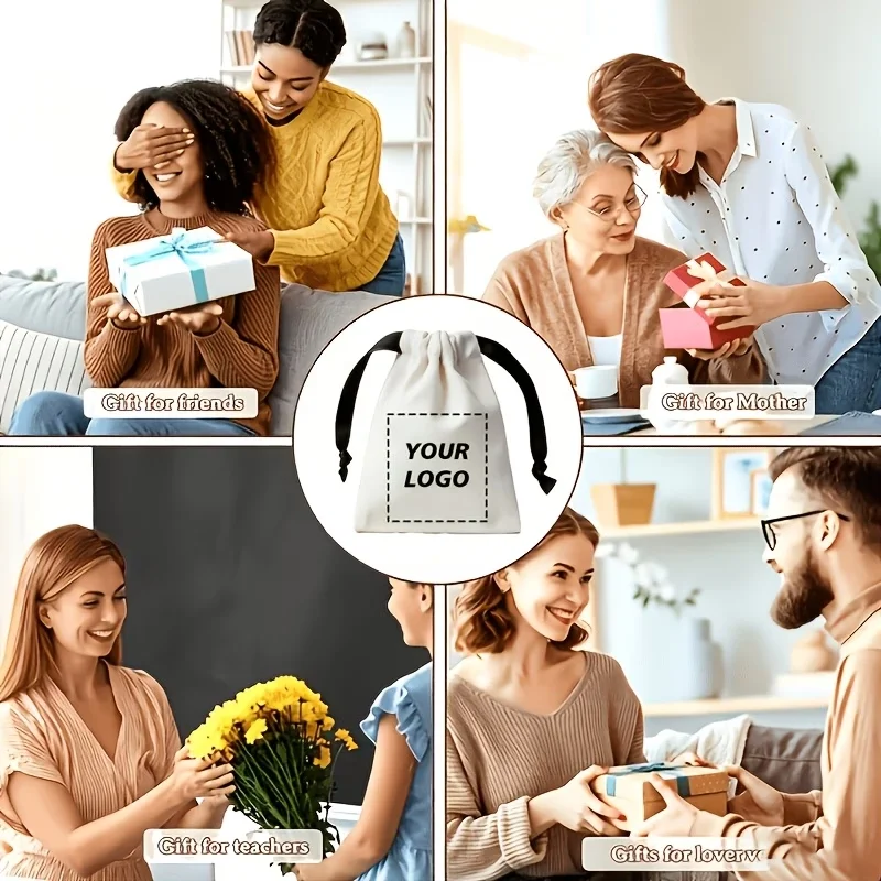 10Pcs Custom Print Logo Cotton Storage Bags with Black Drawstring Christmas Wedding Gifts Package Small Thick Canvas Pouches