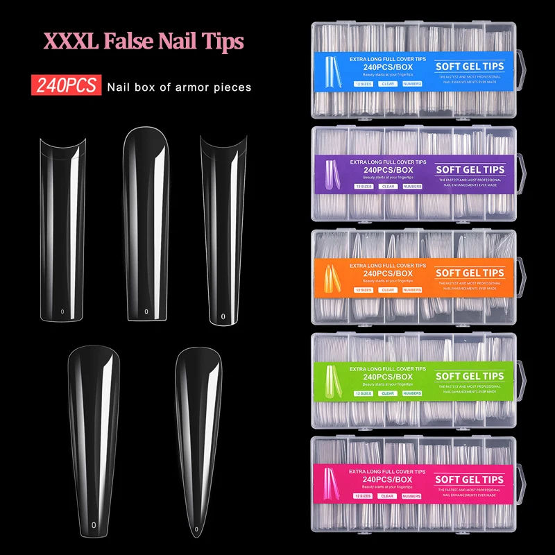 3XL Long Coffin False Nails 240 Pcs/Box Extra Long Stiletto No C Curved Straight Square Acrylic Nail Tips Extension System Tools