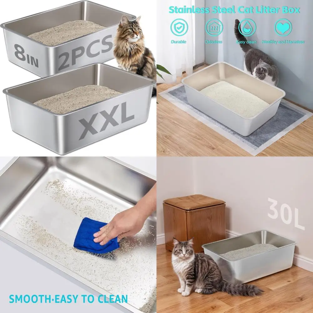 

Stainless Steel Litter Boxes for Large Cats - 8 Inch Deep, High-Sided, Easy Clean, 2-Pack