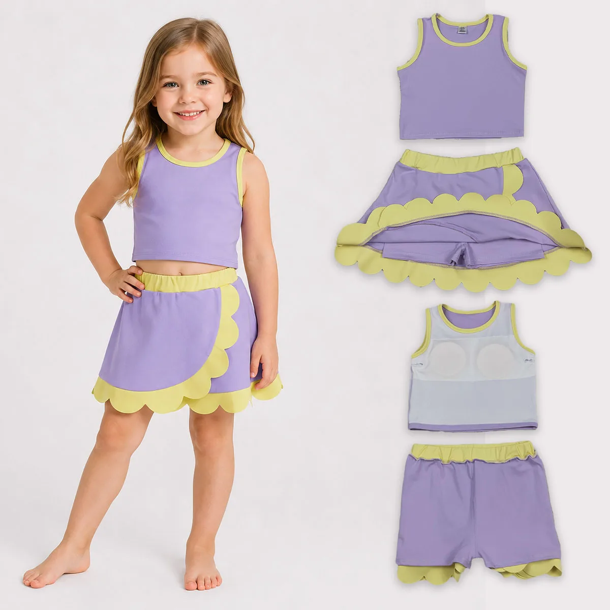Toddler Sibling Baby Girls Lavender Yellow Vest Scallop Skirt Short Yoga Active Clothes Set Set Cute Kids Set Children 2Pcs Sets