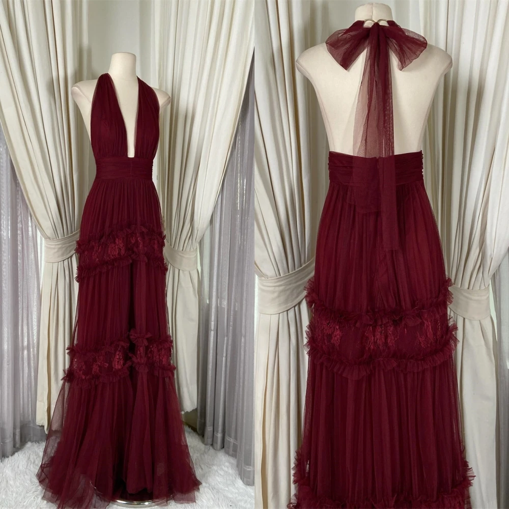 

Customized Elegant Graceful Red Organza Evening Dress Fashion V-Neck Halter Sleeveless Party Dress Sexy Backless Prom Dress