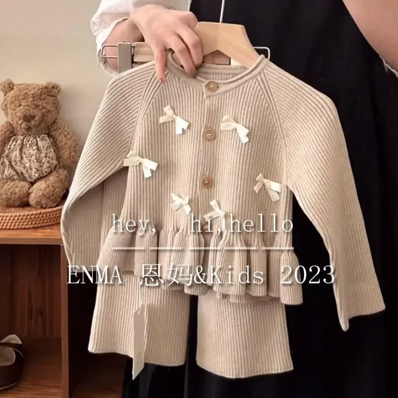 Korean Children\'s 2023 Autumn Girls\' Knitted Set Sweet Bow Long Sleeve Sweater Cardigan Casual Pants  winter jacket