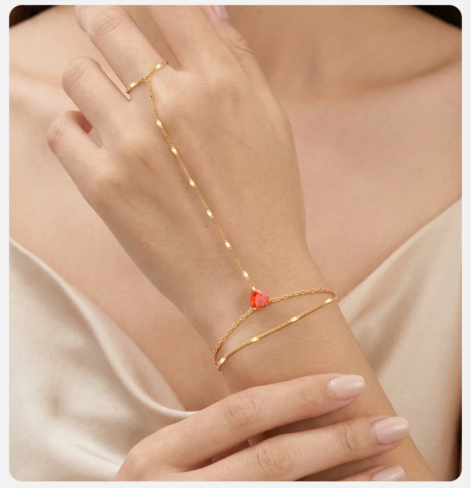 Vnox Elegantes Herz-Blumen-Zirkon-Armband mit Fingerring für Damen, Vergoldet mit Rosa CZ Tropfenförmigem Mehrschichtigem Ring-Armband, Party-Schmuck – Detail 3