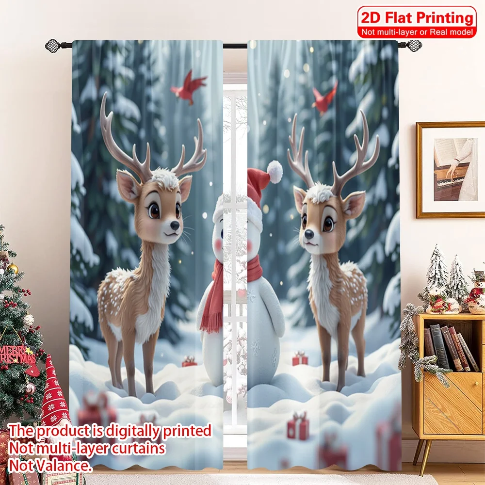 

2pcs 2D flat printing Christmas Curtains Winter Deer Snowman Forest Gifts Polyester Without Electricity Family Party Perfect for