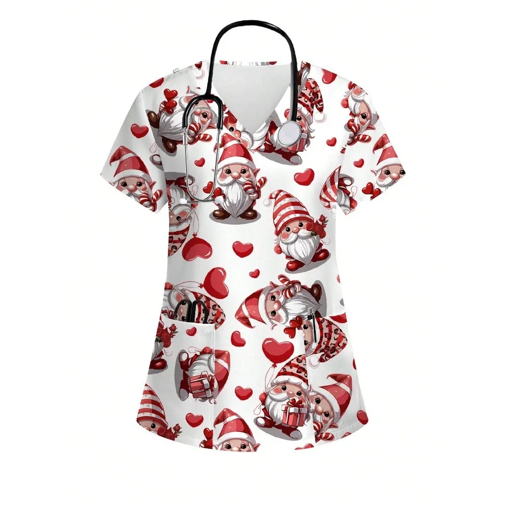 

New Year 2025 Festival Short Sleeve Clinical Uniforms Woman Women's Casual Minimalist All-Over Print Nurse Scrub Uniform Top