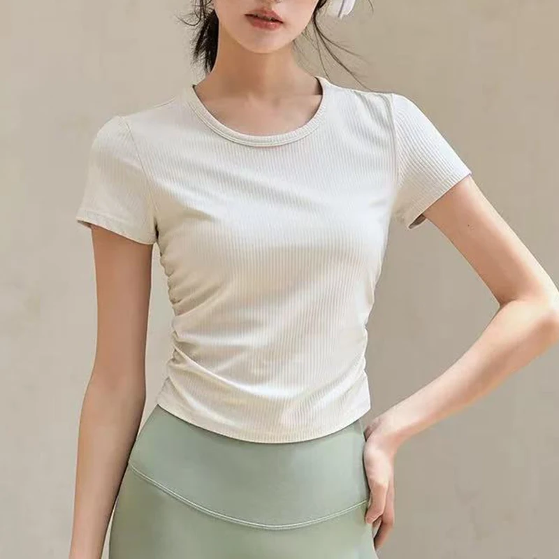 

Женский спортивный топ в рубчик, быстросохнущая футболка для похудения, фитнеса и тренировок, рубашка для бега с короткими рукавами