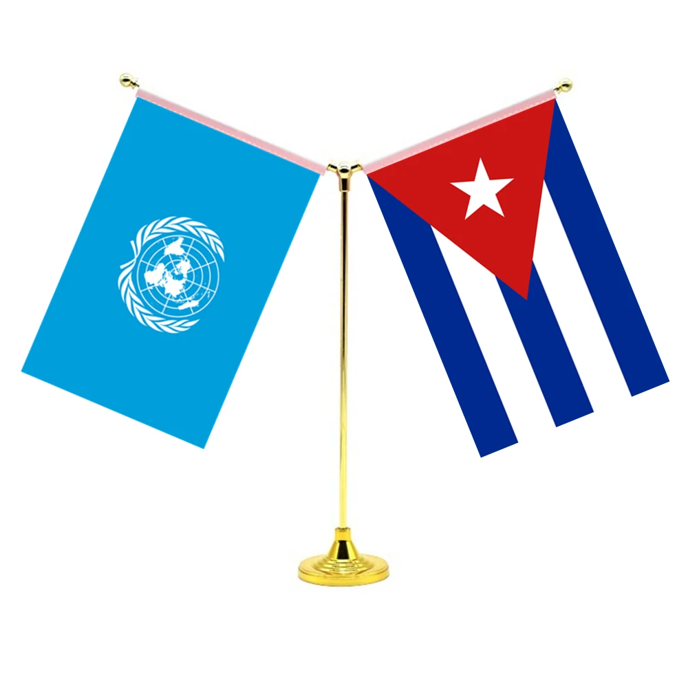 

14x21cm Mini Cuban Flag Office Decoration With Two Flags Of The United Nations And Cuba