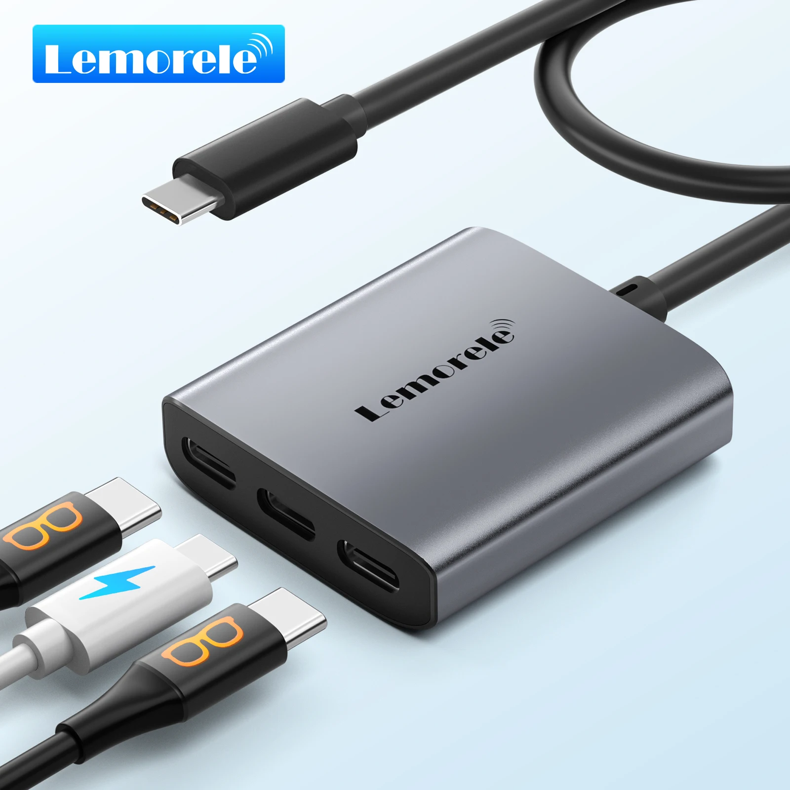 Lemorele TC520 Dual AR Glasses Dock Type-C Splitter for Simultaneous Display 4K Resolution 100W Fast Charge Aluminum Portable