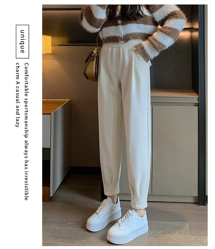 Women's Autumn/Winter Fleece-Lined Sweatpants Casual Thickened Pants Harajuku Style Mini Calf Length Tights Fashionable Women's