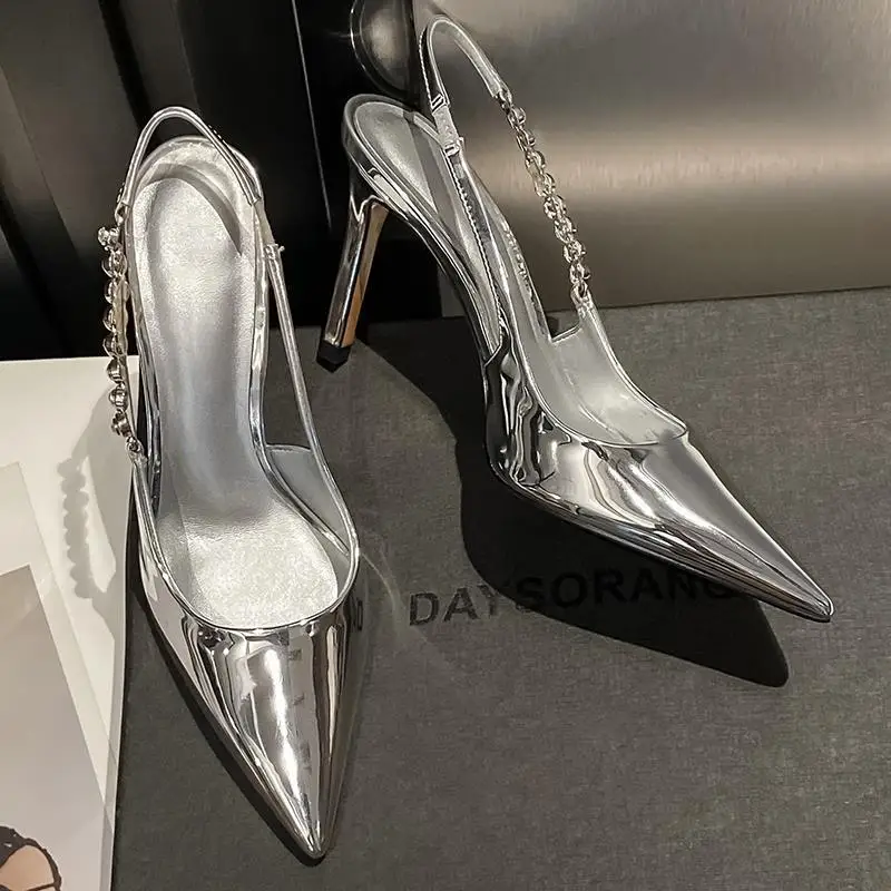 Zapatos de vestir de fiesta para mujer, sandalias de cristal metálico, tacones altos brillantes, tirachinas plateadas, Punta puntiaguda, tacón de aguja