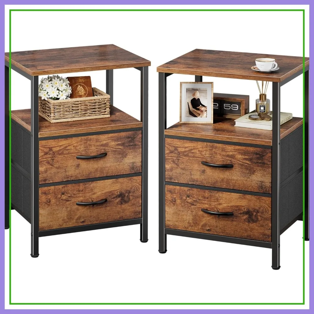 

Nightstand Set of 2 with 2 Drawers, Bed Side Table with Open Shelf, Wood Top, Fabric Drawer, End Table for Bedroom, Rustic Brown