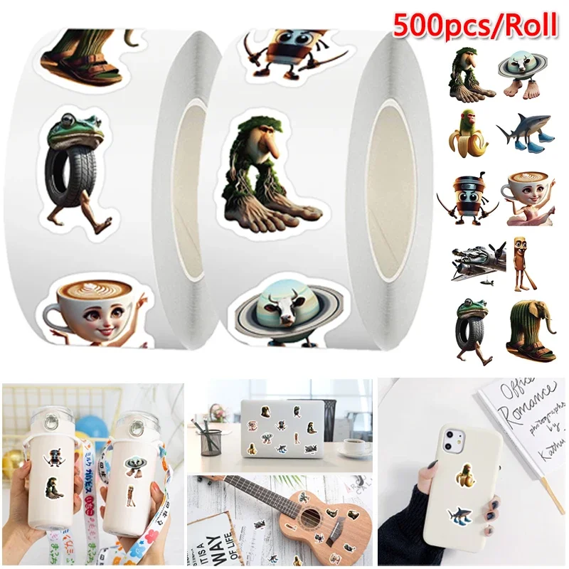 500 قطعة/لفة ملصقات مضحكة لفة تونغ تونغ صحور ملصقات الدماغ الإيطالية AI تصميم مجردة الحيوان لزجاجة المياه ألعاب الكمبيوتر المحمول