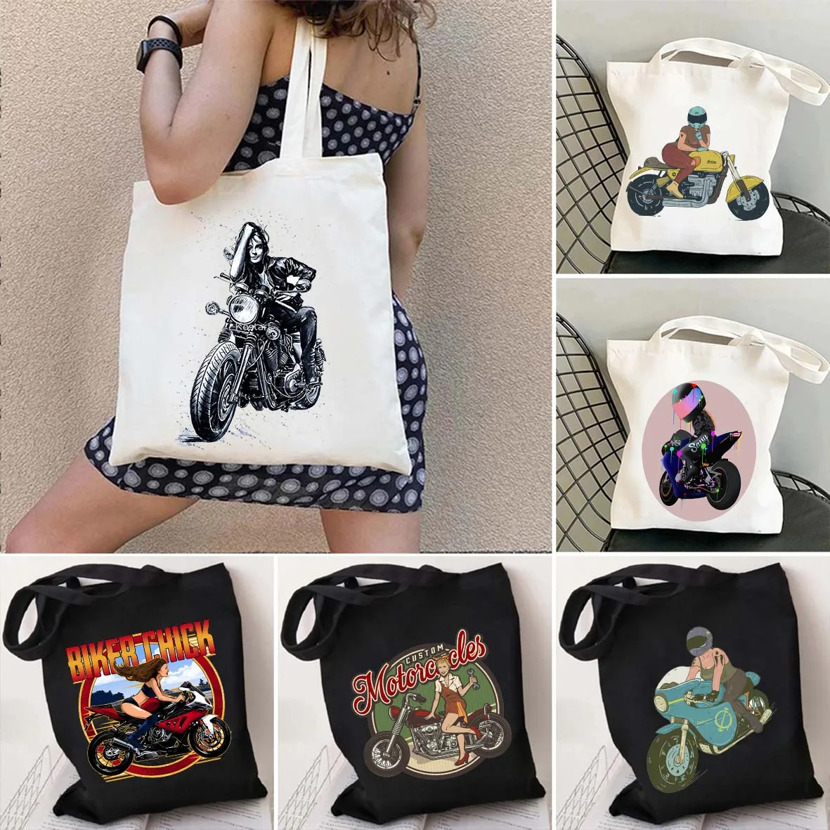 

Biker Girl Motorcycle Racing Rider Riding Lover Lady Racer Motocross Shoulder Canvas Totes Bag Shopper Fashion Shopping Handbags