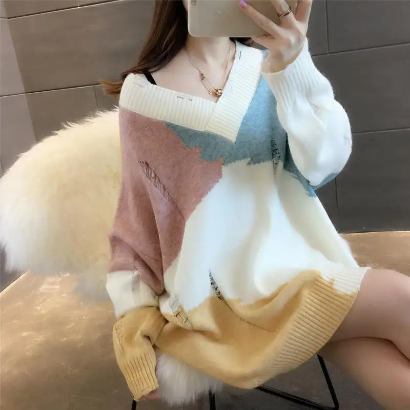 Casual Contrasting Colors Spliced Sweaters Autumn Winter Korean Loose V-Neck Female Clothing Stylish Frayed Knitted Midi Jumpers