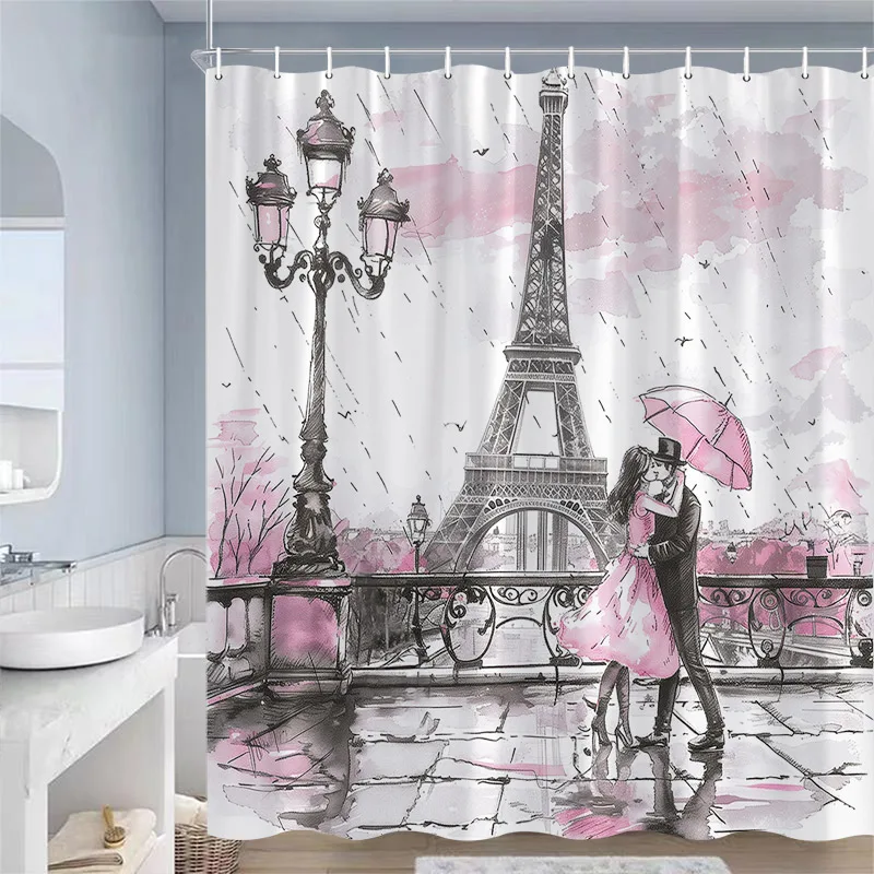 Paris Tower Shower Curtains Romantic Lovers Pink Tree Street Lamp Park Scenery Watercolour Art Polyester Bathroom Curtain Decor