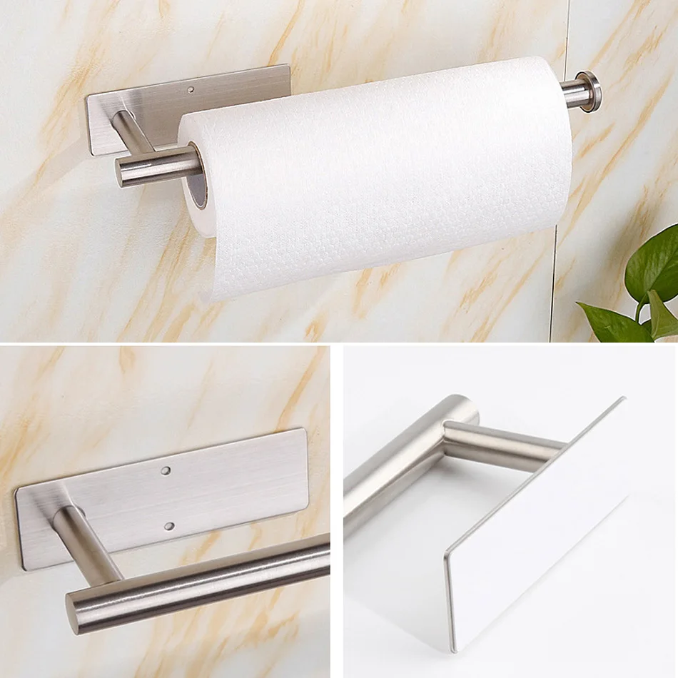 Adhesive Paper Holder for Bathroom Kitchen 304 Stainless Steel Brushed Black Toilet Paper Towel Holder Tissue Roll Rack Shelf